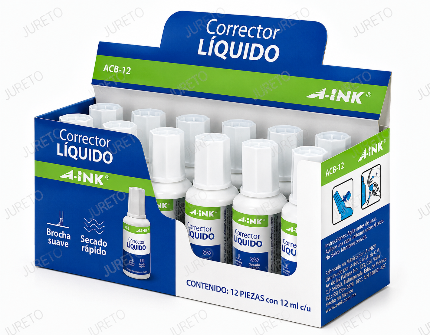 CORRECTOR LIQUIDO EN BROCHA DE 12 ML MARCA A-INK